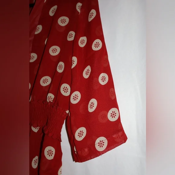 MG Originals Red Sheer Polka Dot Peplum Blouse With 3/4 Sleeves. Large. NWOT. - Picture 7 of 10